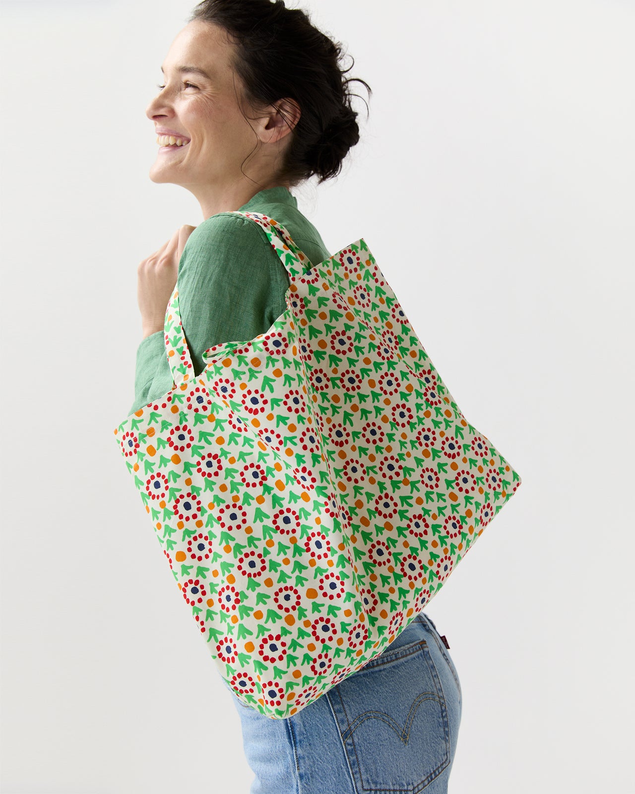 Reusable Tote Bag in White/Multi Floral Twill