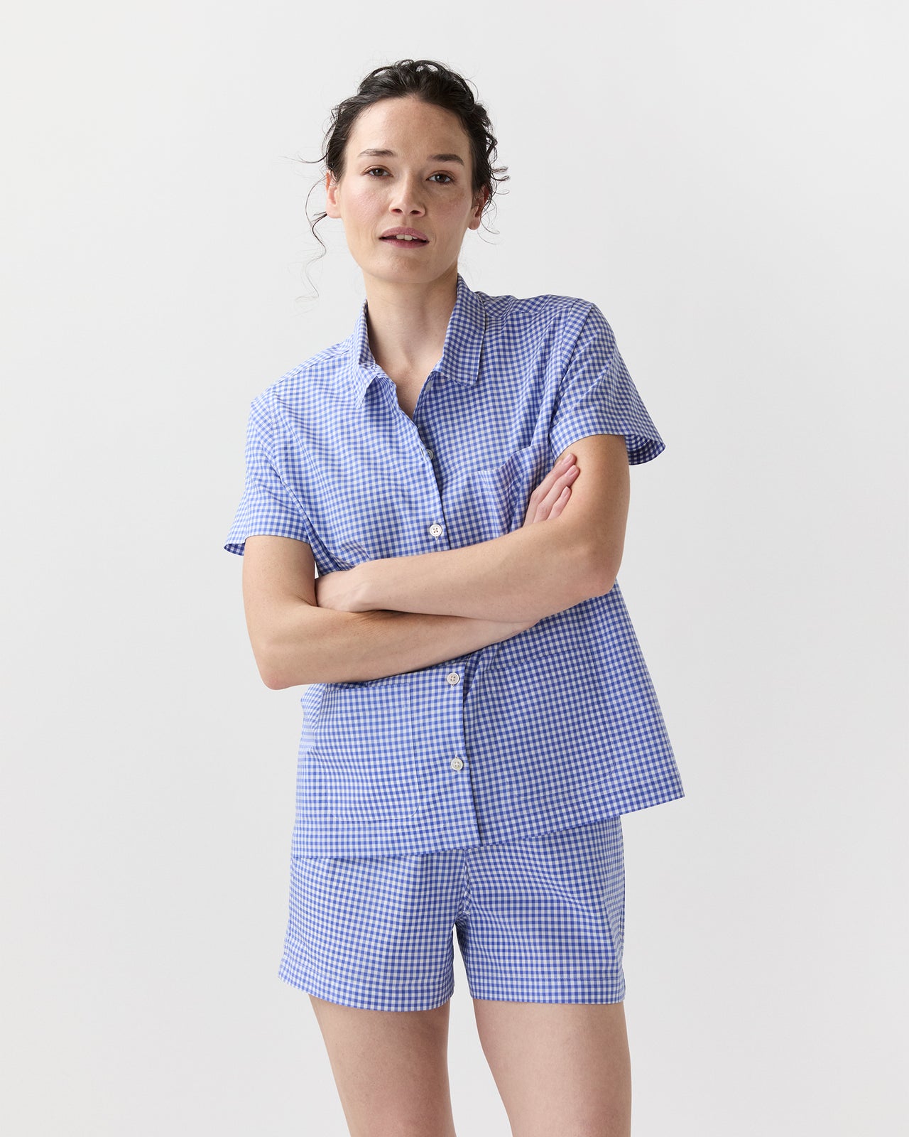 Jasmine Pajama Shorts Set in Blue Gingham Poplin
