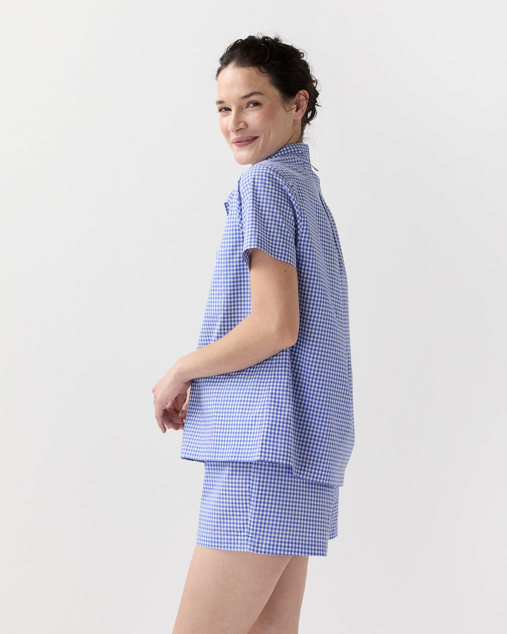 Jasmine Pajama Shorts Set in Blue Gingham Poplin | Shop Ann Mashburn