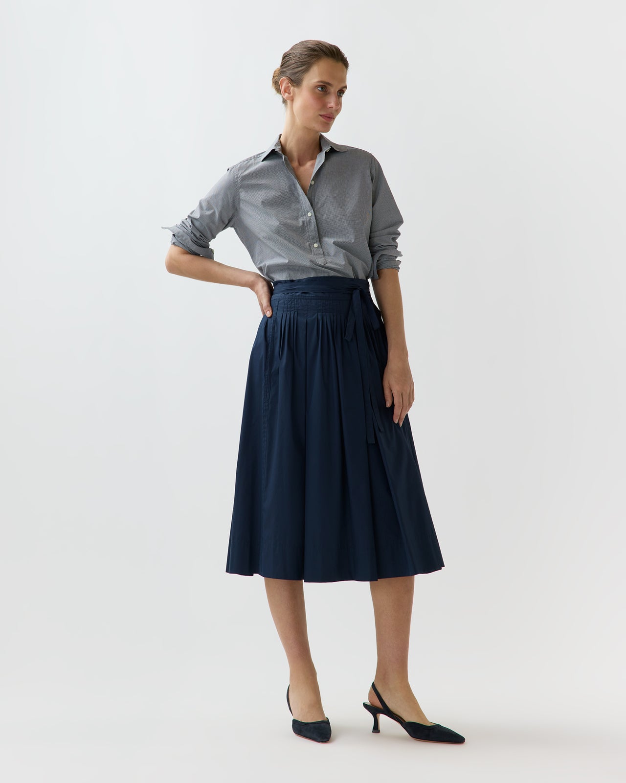 Phila Wrap Skirt in Navy Cotton/Nylon Poplin