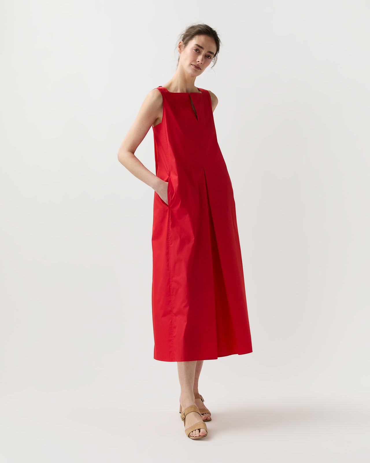 Lea Dress in Red Cotton/Nylon Poplin
