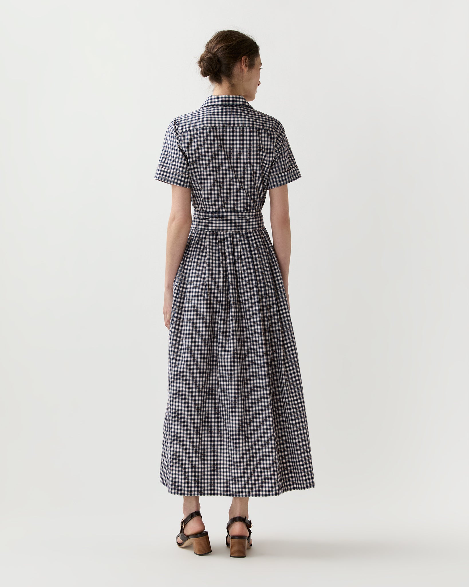 navy and red dress Short-Sleeved Classic Shirtwaist Maxi Dress in Navy/Red Embroidered Gingham