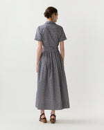 Load image into Gallery viewer, Short-Sleeved Classic Shirtwaist Maxi Dress in Navy/Red Embroidered Gingham
