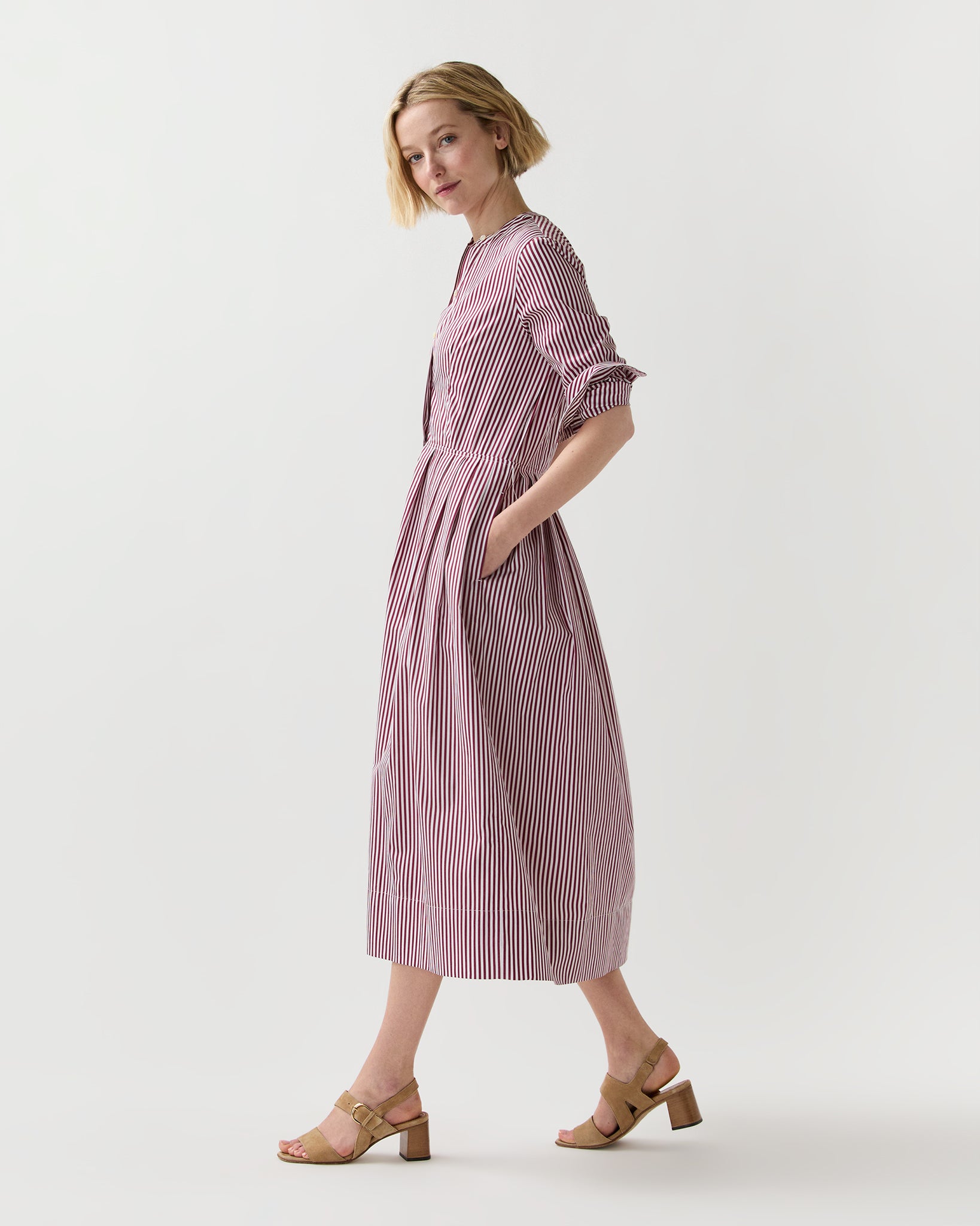 white shirtwaist dress Felicity in Red/White Bengal Stripe Poplin Color:Forrest others are polyester Cozy Style Vibe Striped waist-belt