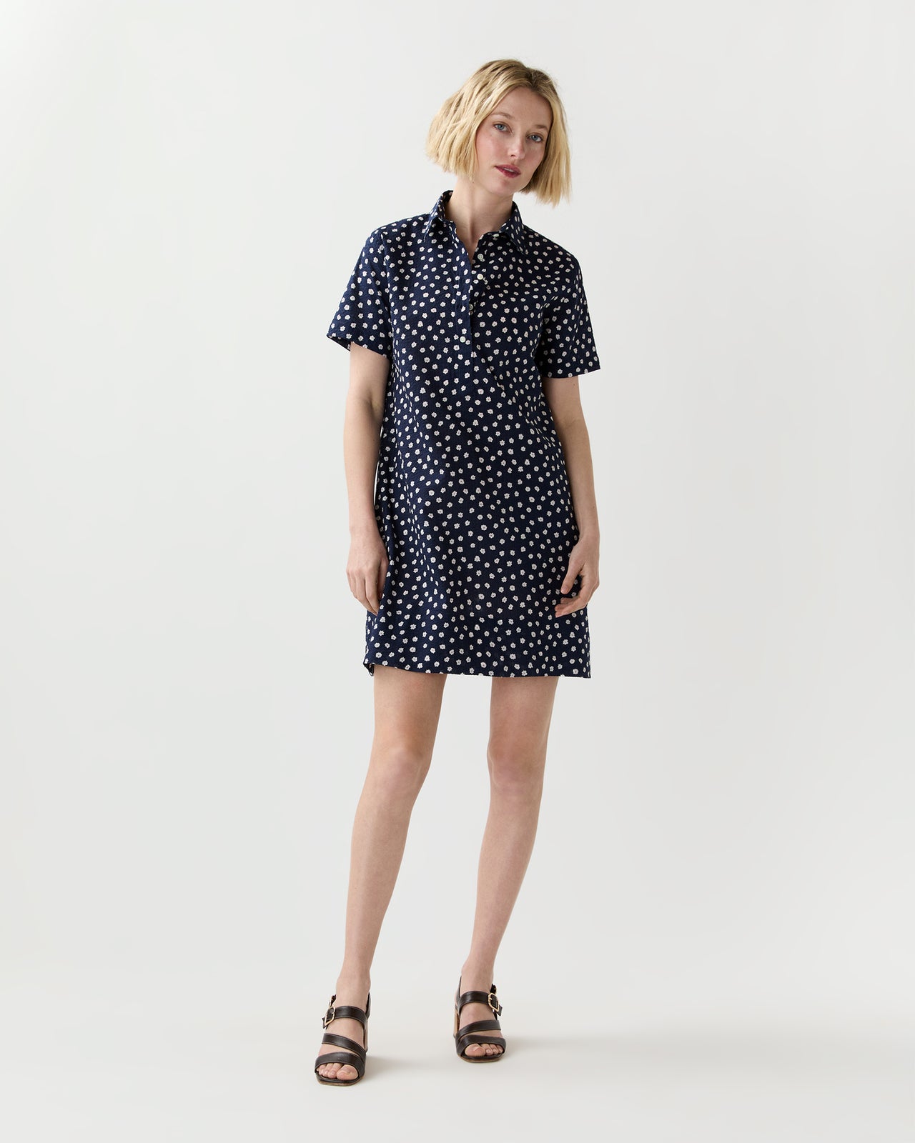 navy blue cotton dress Short-Sleeved Popover Dress in Navy Daisy Crinkle Cotton
