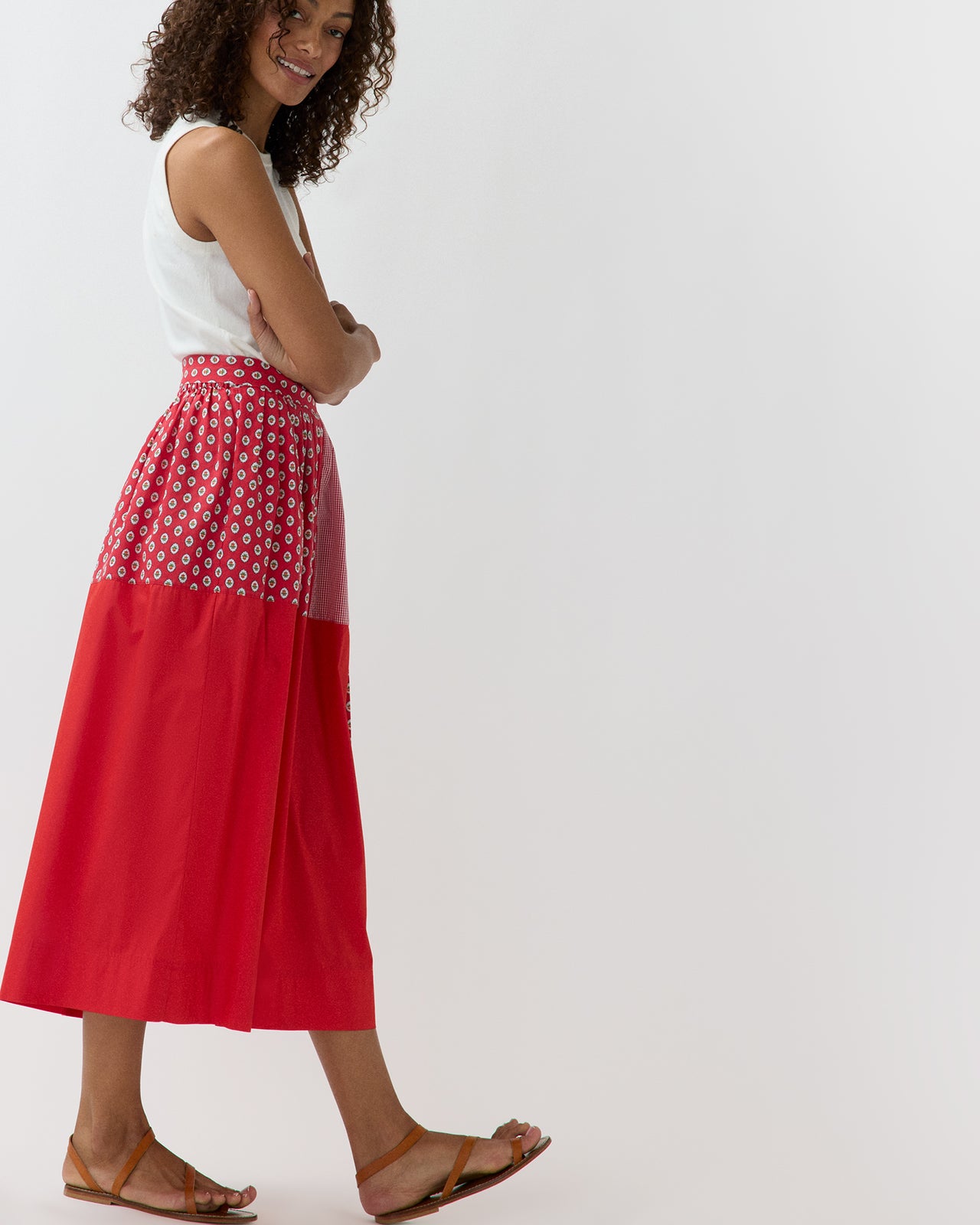Nan Skirt in Red/Multi Mixed Printed Poplin