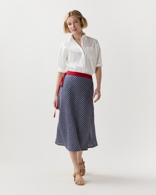 Colleen Wrap Skirt in Navy/Bone/Khaki Windowpane Linen