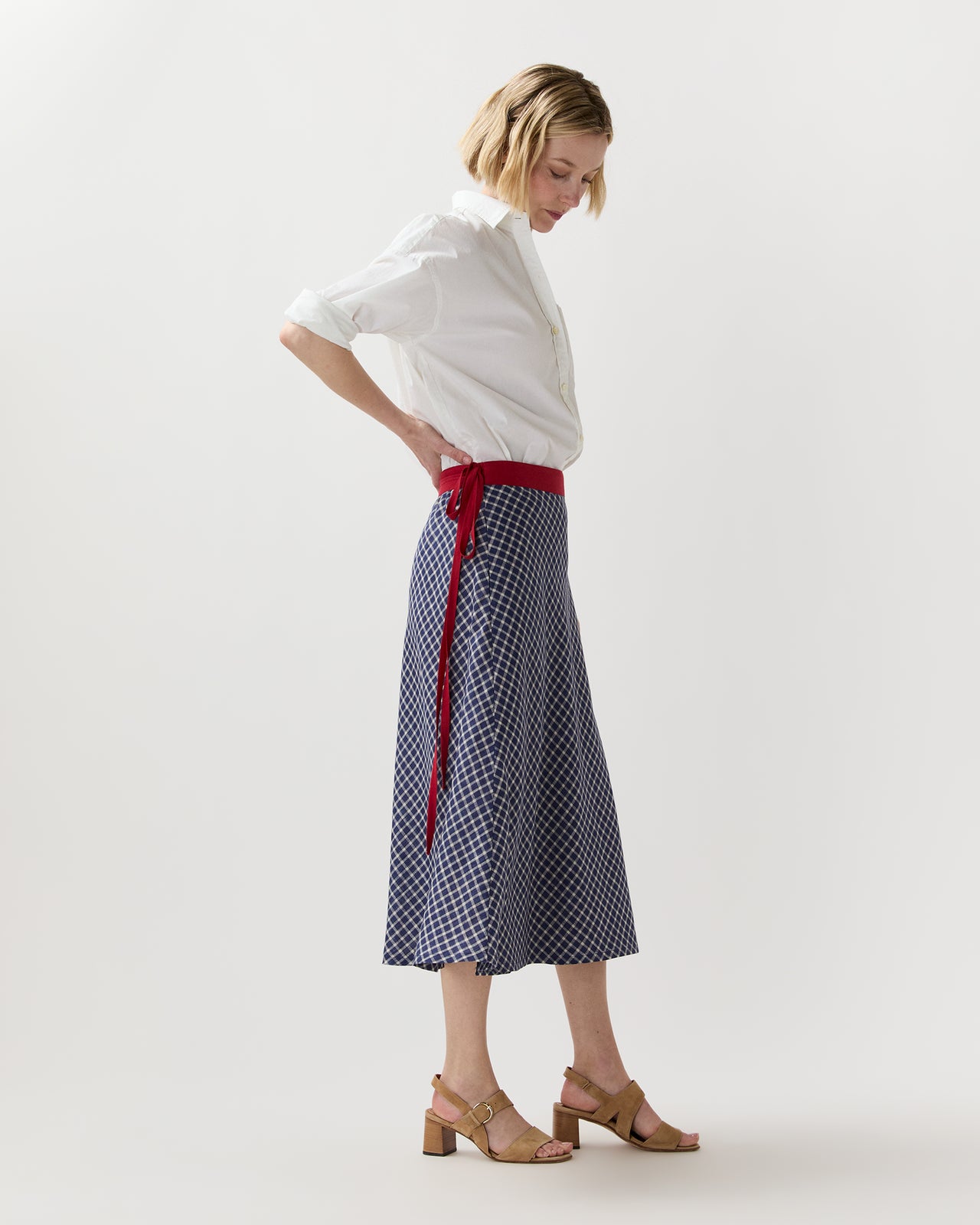 Colleen Wrap Skirt in Navy/Bone/Khaki Windowpane Linen