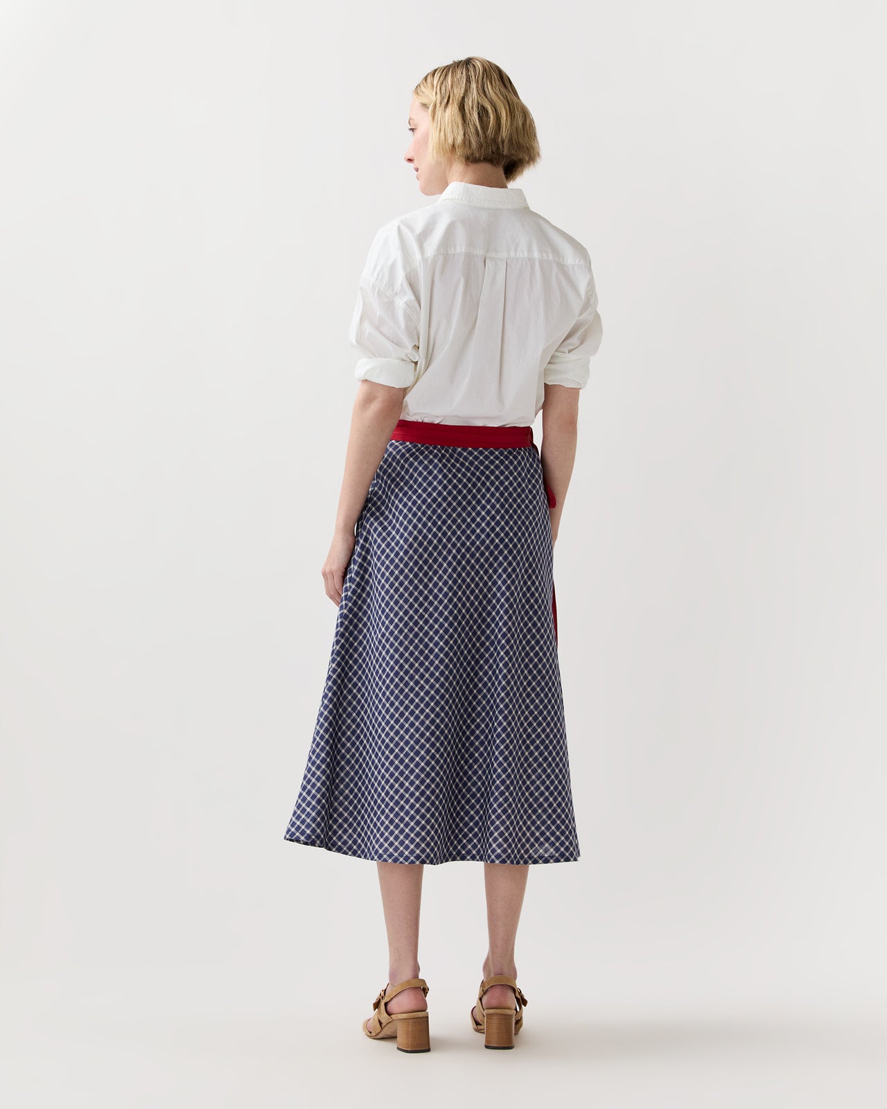 Colleen Wrap Skirt in Navy/Bone/Khaki Windowpane Linen