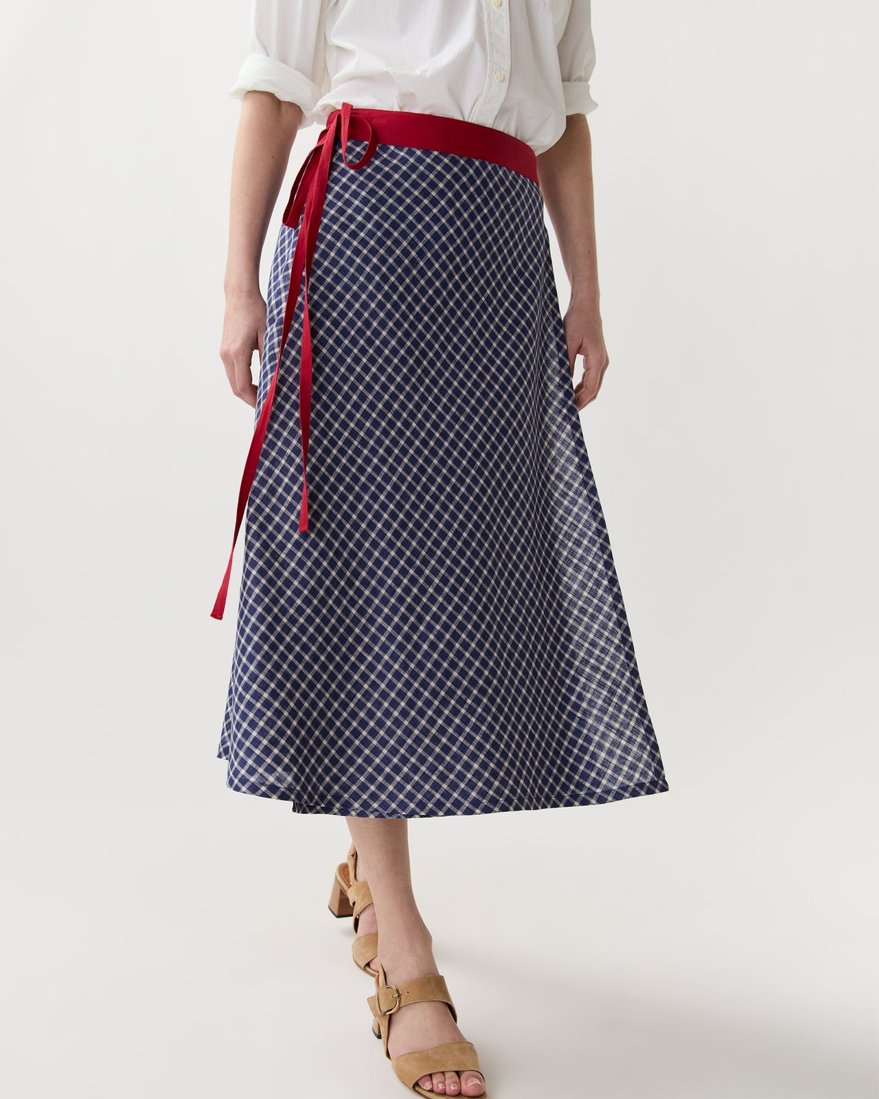 Colleen Wrap Skirt in Navy/Bone/Khaki Windowpane Linen