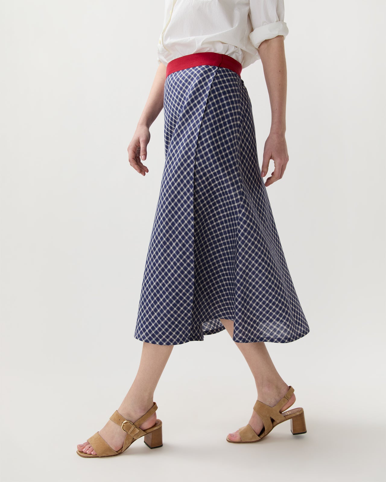 Colleen Wrap Skirt in Navy/Bone/Khaki Windowpane Linen