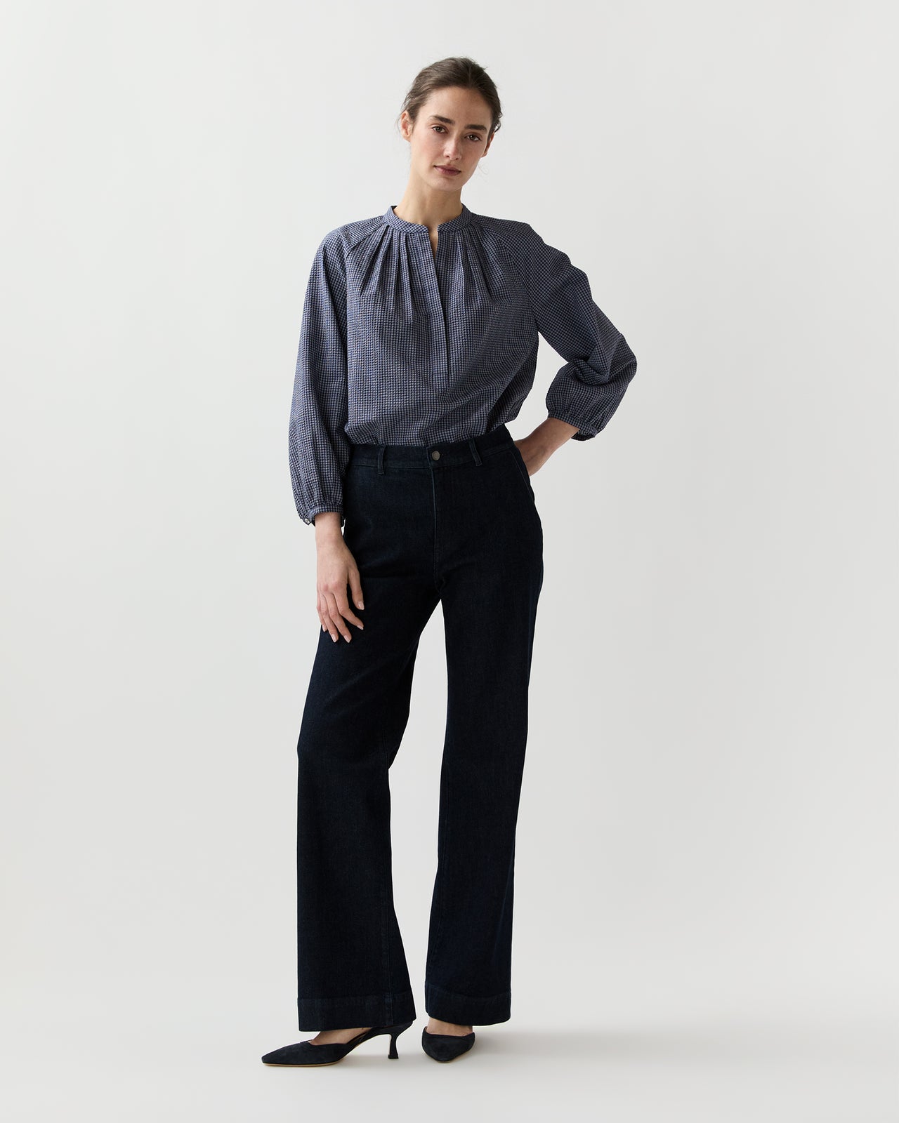 Sienna Top in Navy/Ivory Check Crinkle Cotton | Ann Mashburn