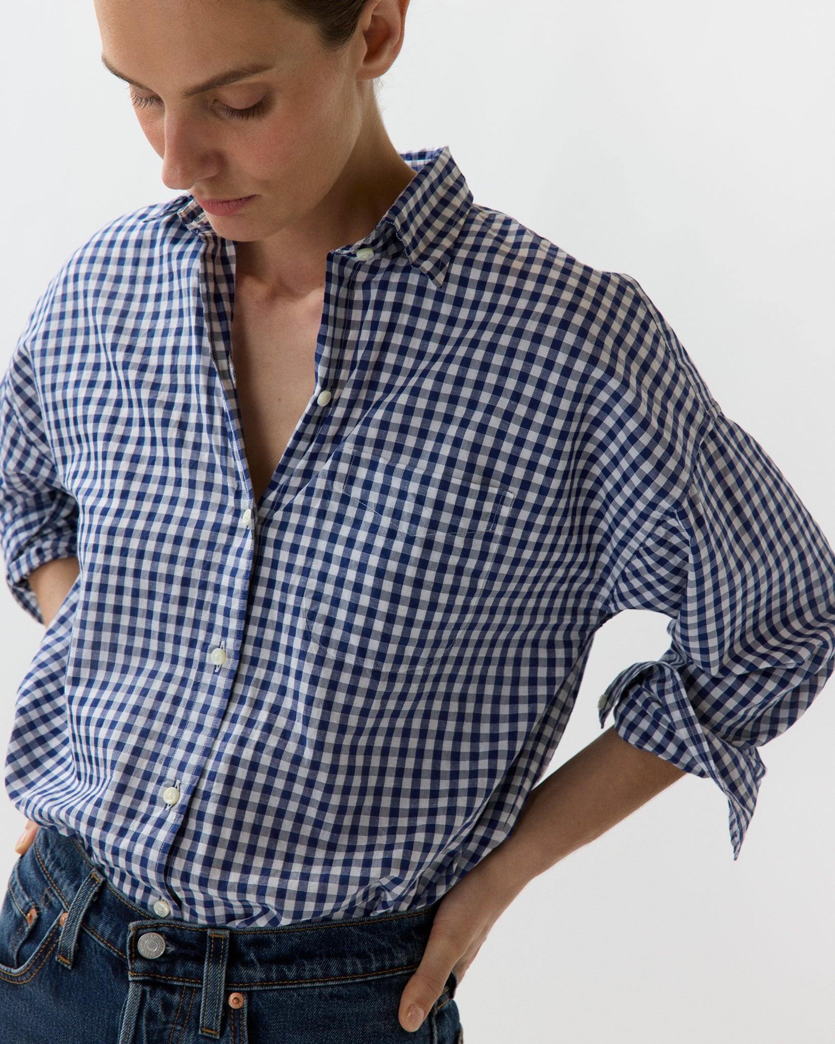 Weekender Shirt in Navy Gingham Cotolino | Shop Ann Mashburn