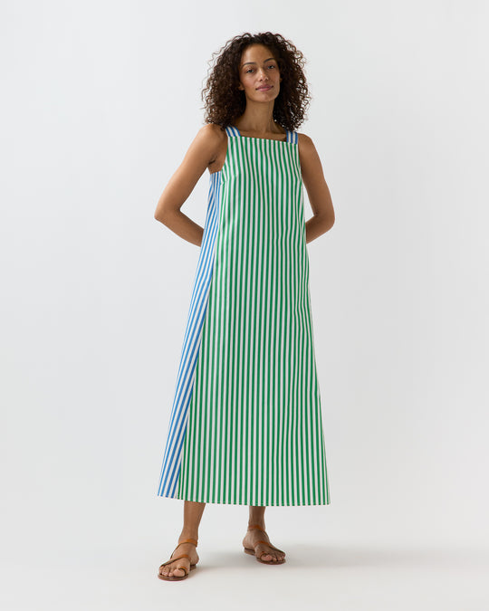 Lise Maxi Dress in Green/Blue/White Mixed Awning Stripe Poplin