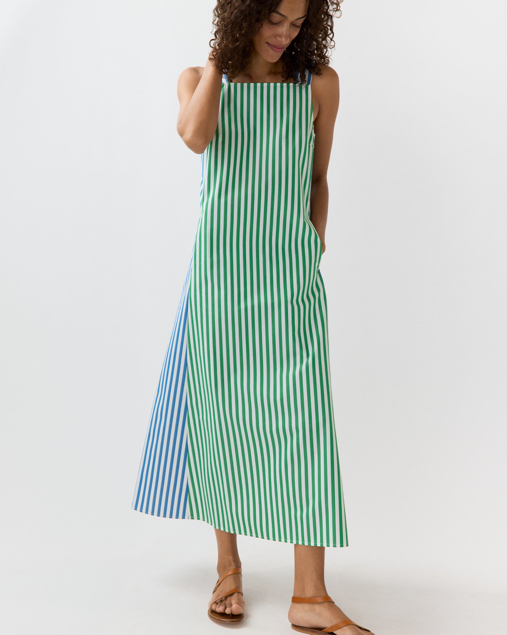 Lise Maxi Dress in Green/Blue/White Awning Stripe Poplin | Ann