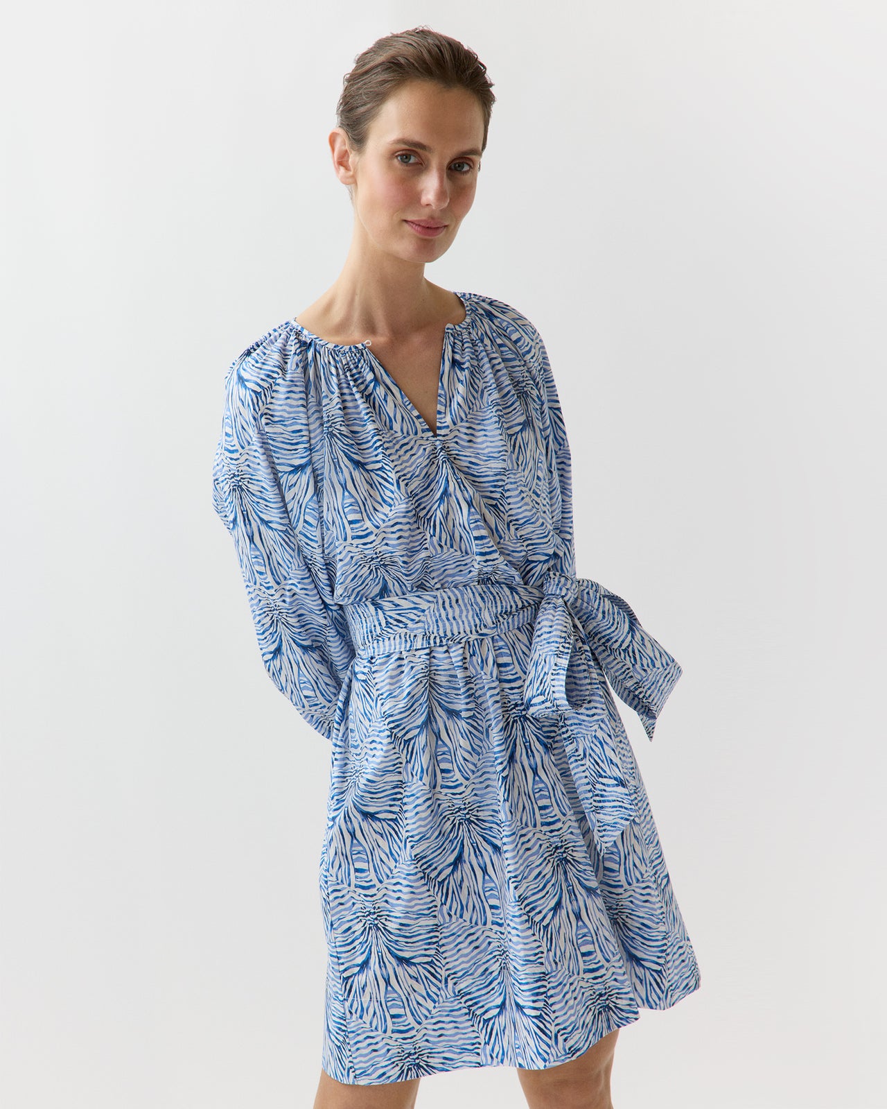 Genevieve Dress in Blue Stripe And Bow Liberty Fabric
