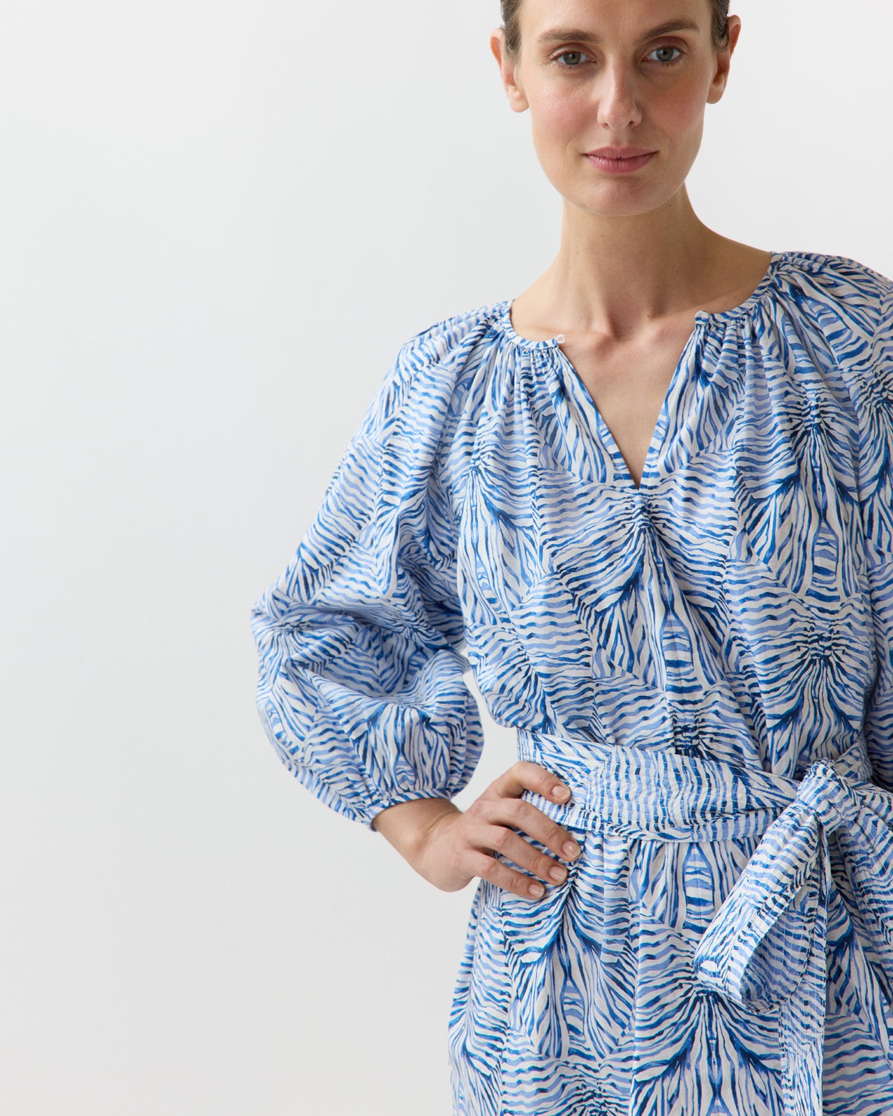 Genevieve Dress in Blue Stripe And Bow Liberty Fabric