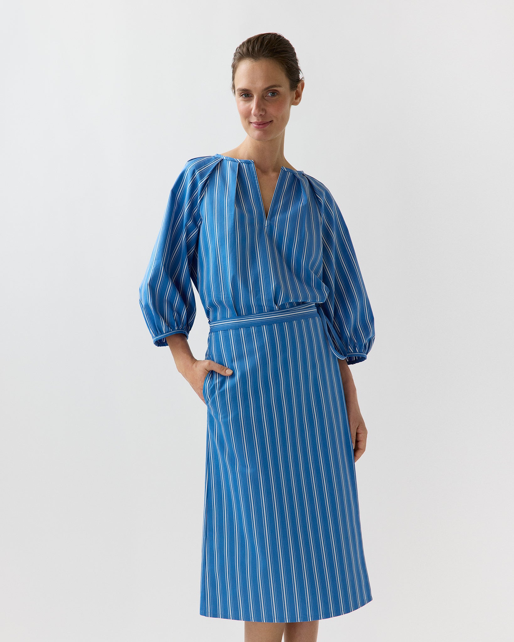 Victoria Blouse in Blue/White Variegated Stripe Poplin | Shop Ann