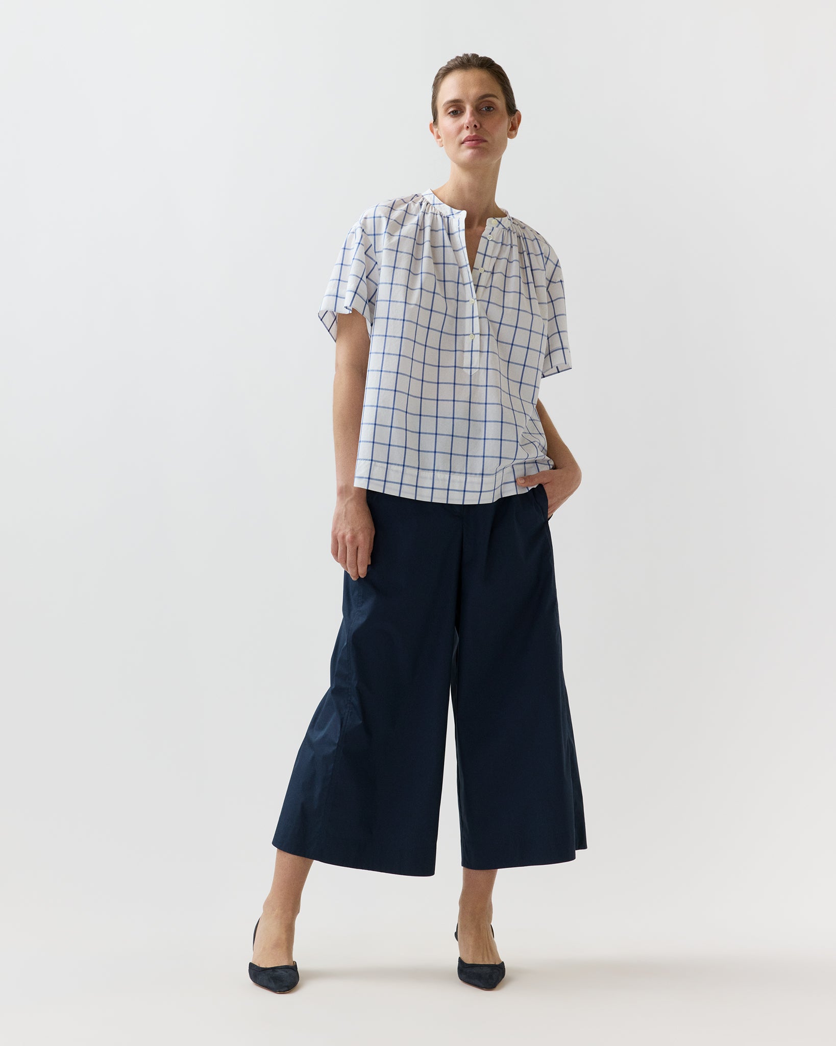Estee Top in White/Blue Windowpane Poplin | Ann Mashburn | Shop