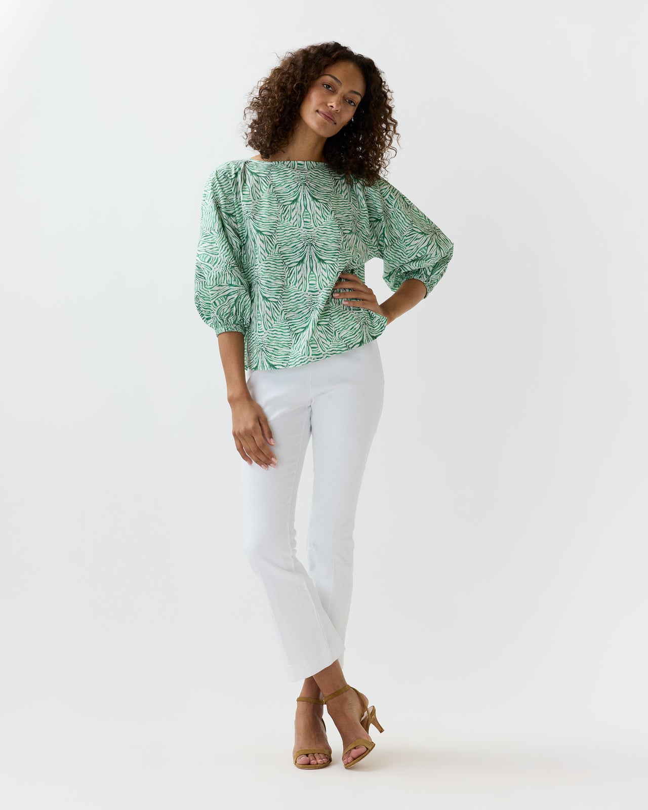 Elora Volume Top in Green Stripe And Bow Liberty Fabric