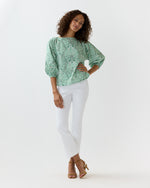 Load image into Gallery viewer, Elora Volume Top in Green Stripe And Bow Liberty Fabric
