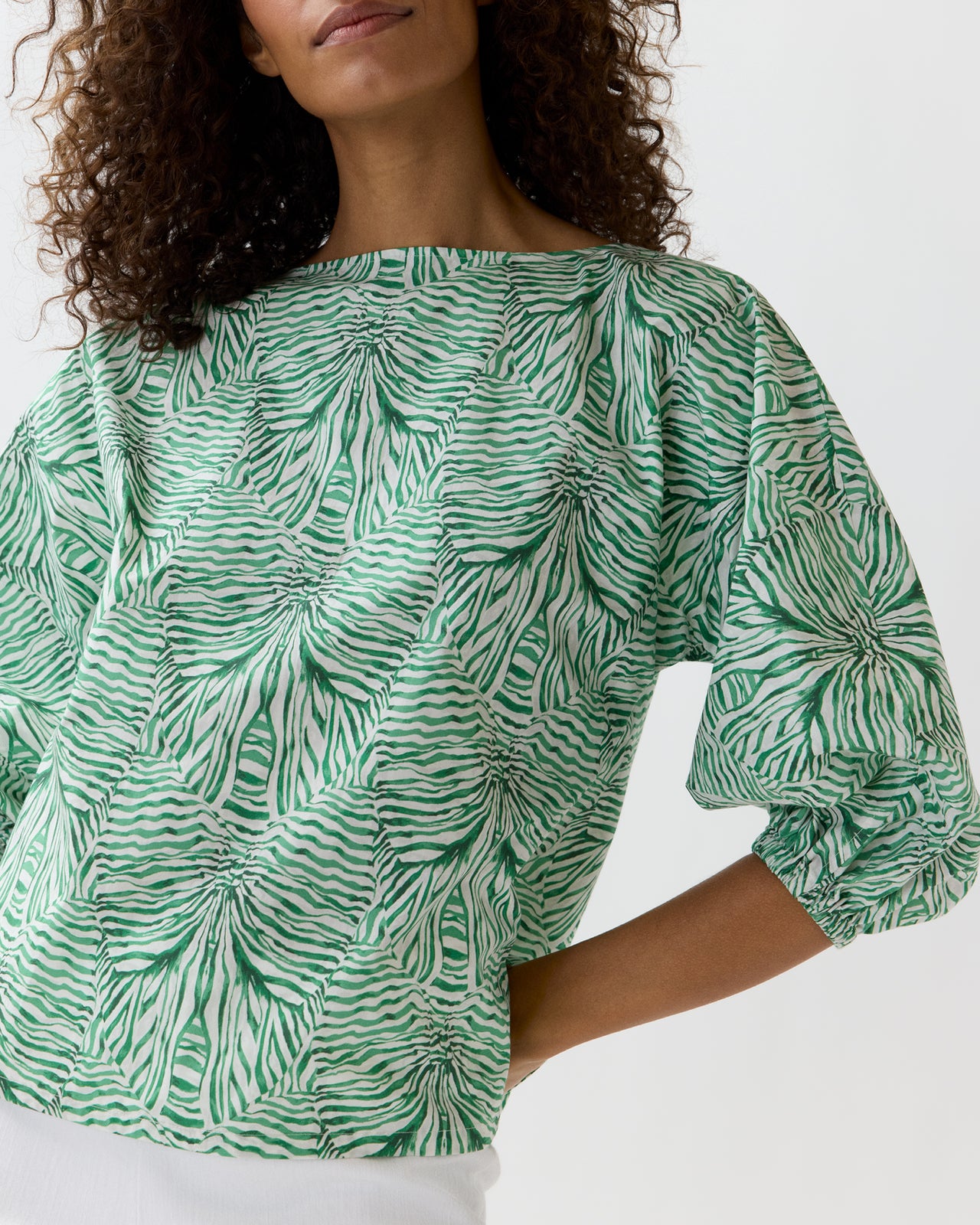 Elora Volume Top in Green Stripe And Bow Liberty Fabric
