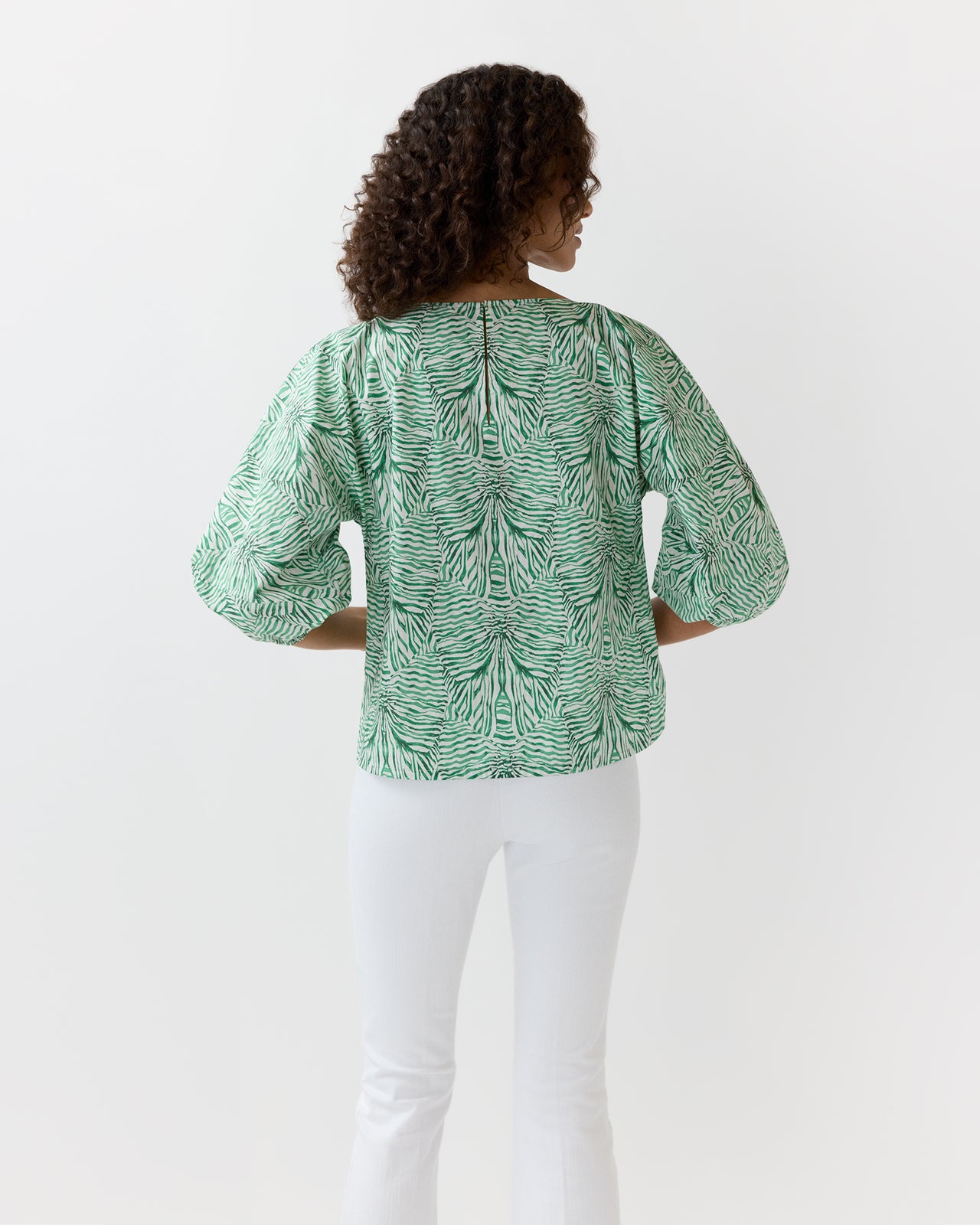 Elora Volume Top in Green Stripe And Bow Liberty Fabric