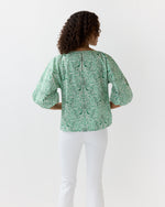 Load image into Gallery viewer, Elora Volume Top in Green Stripe And Bow Liberty Fabric
