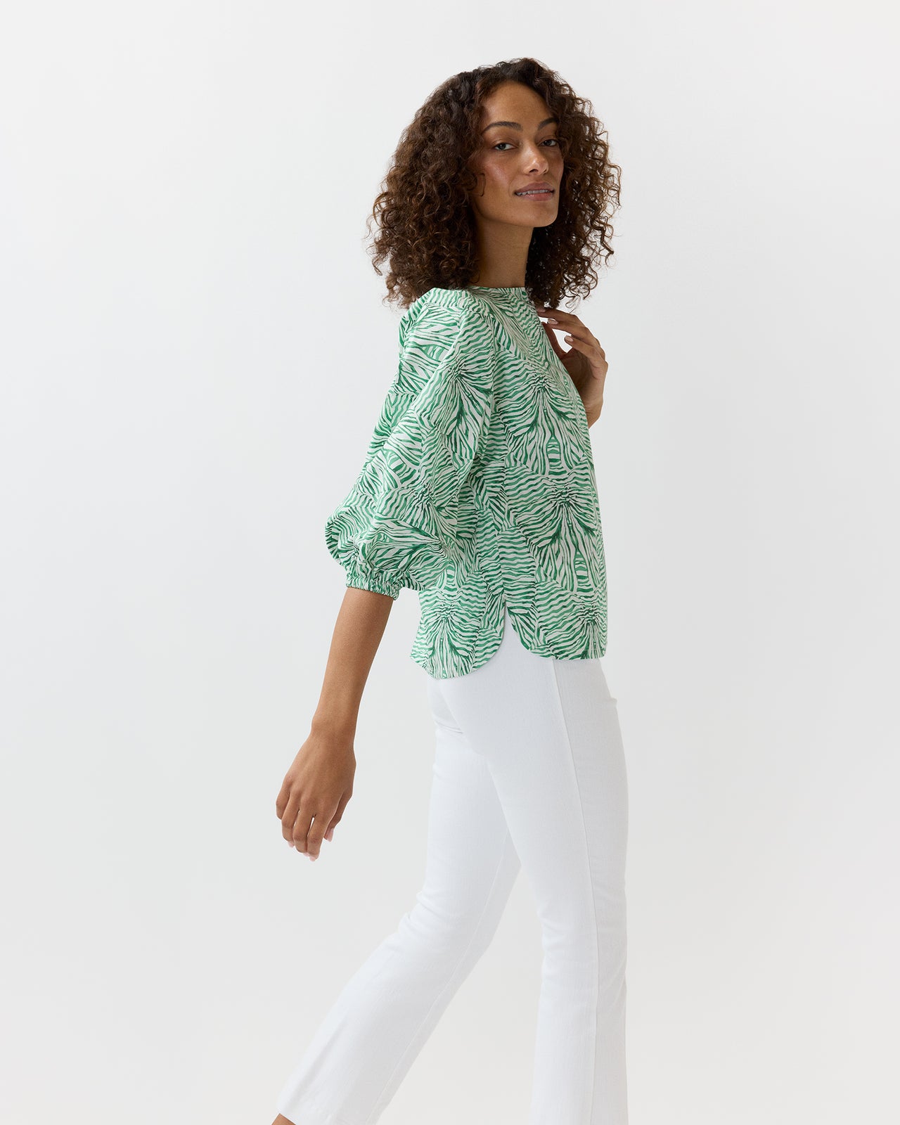 Elora Volume Top in Green Stripe And Bow Liberty Fabric