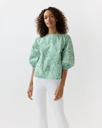 Load image into Gallery viewer, Elora Volume Top in Green Stripe And Bow Liberty Fabric
