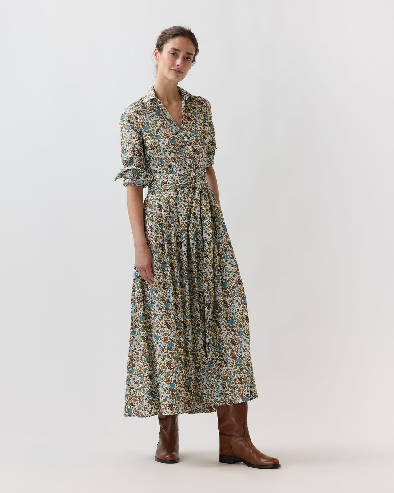 Classic Shirtwaist Maxi Dress in Moss/Cerulean Rachel Liberty Fabric