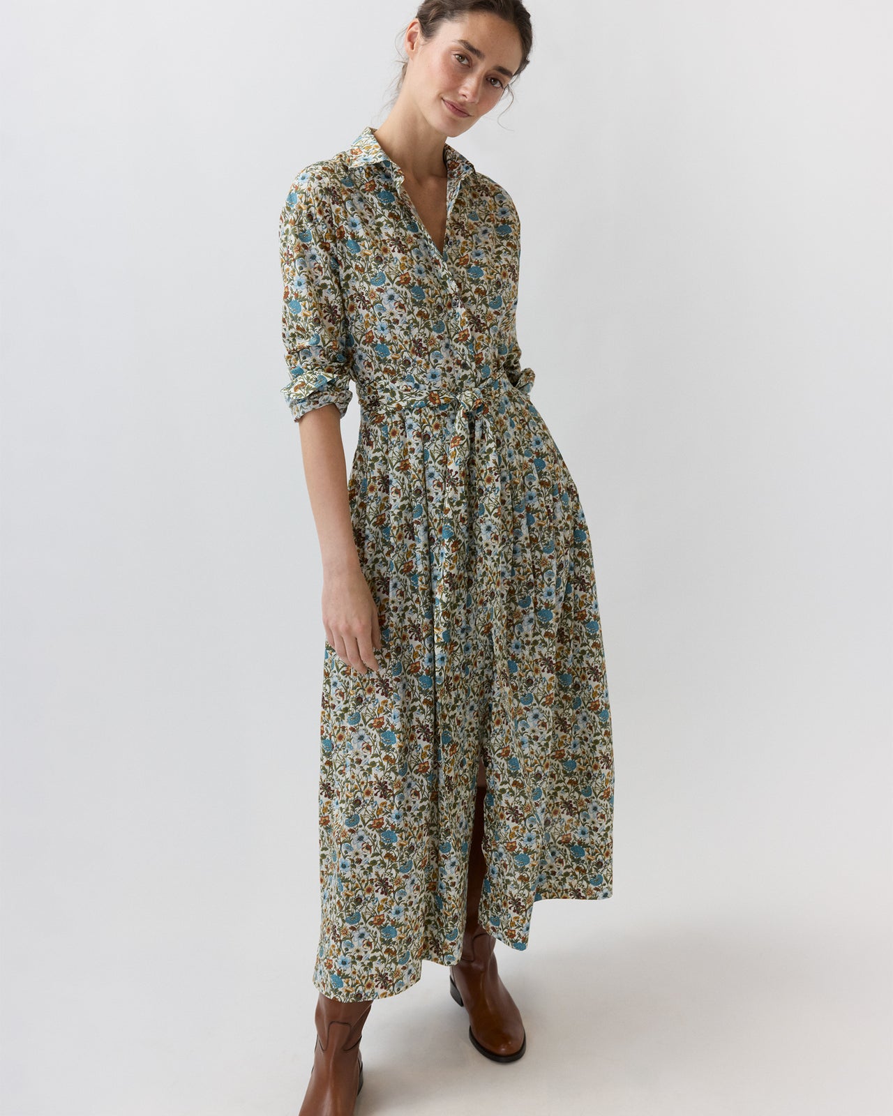 Classic Shirtwaist Maxi Dress in Moss/Cerulean Rachel Liberty Fabric