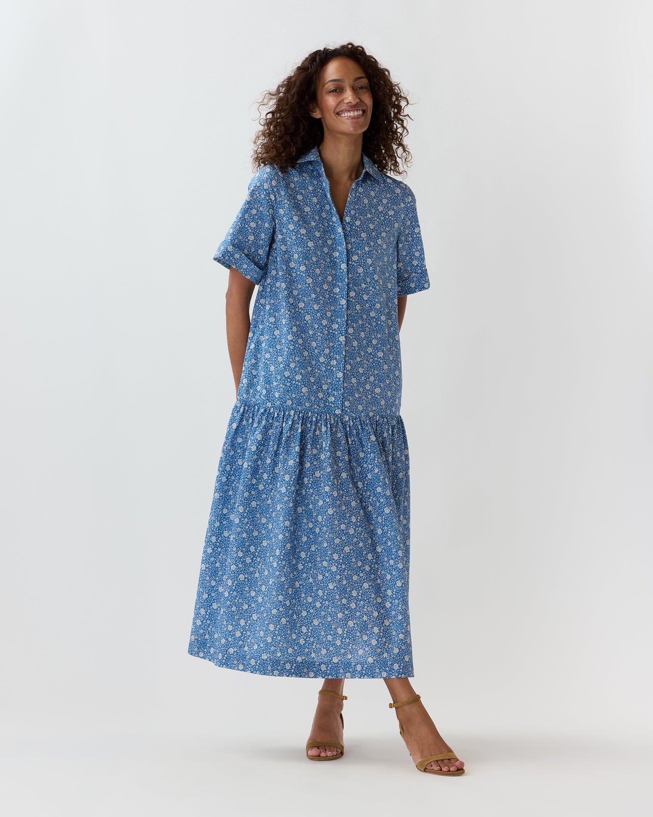 Nathalie Dress in Azure Floral Crinkle Cotton