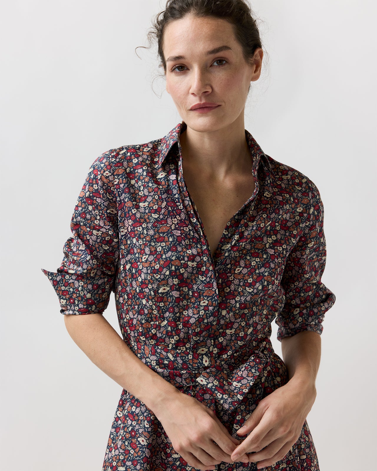 Avery Shirtwaist Dress in Navy/Red Petal & Daisy Liberty Fabric