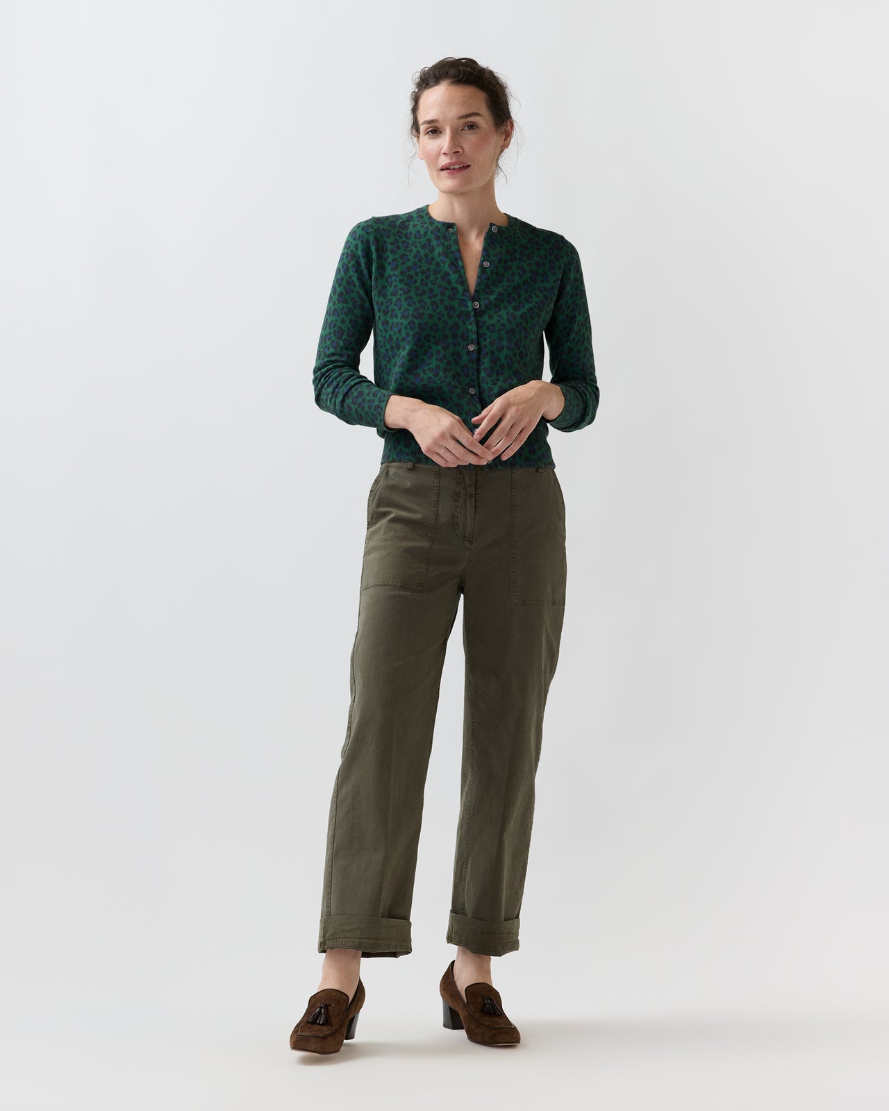 Rosie Cardigan in Green/Blue Leopard Cotton/Silk