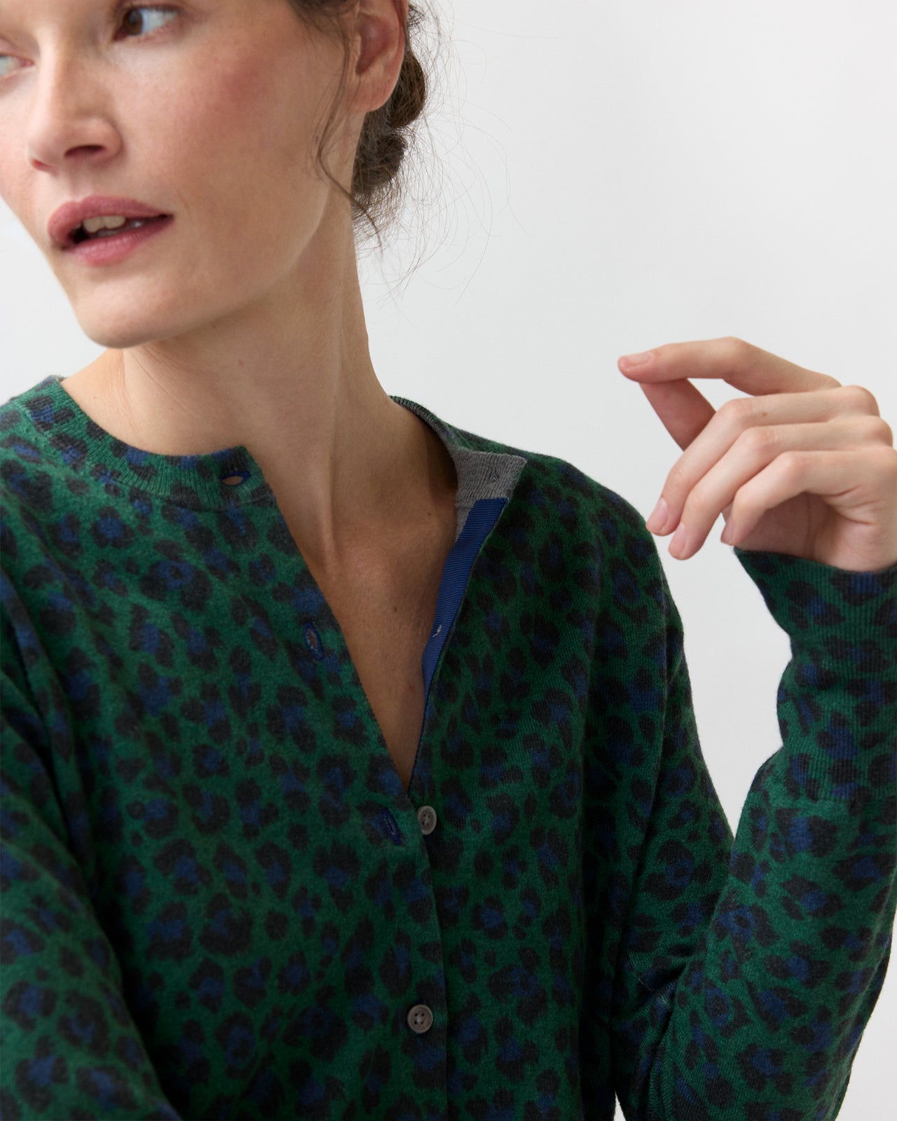 Rosie Cardigan in Green/Blue Leopard Cotton/Silk