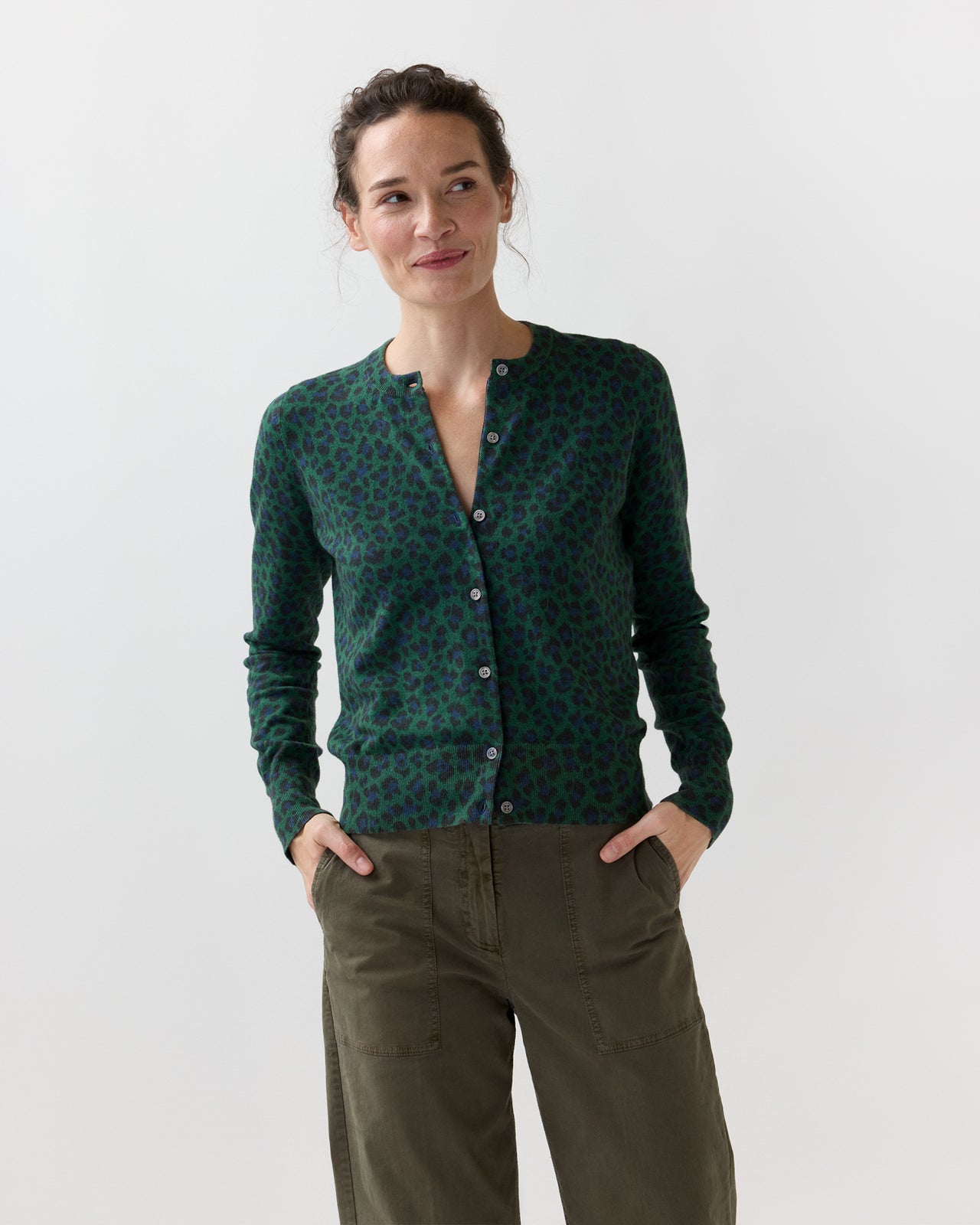 Rosie Cardigan in Green/Blue Leopard Cotton/Silk