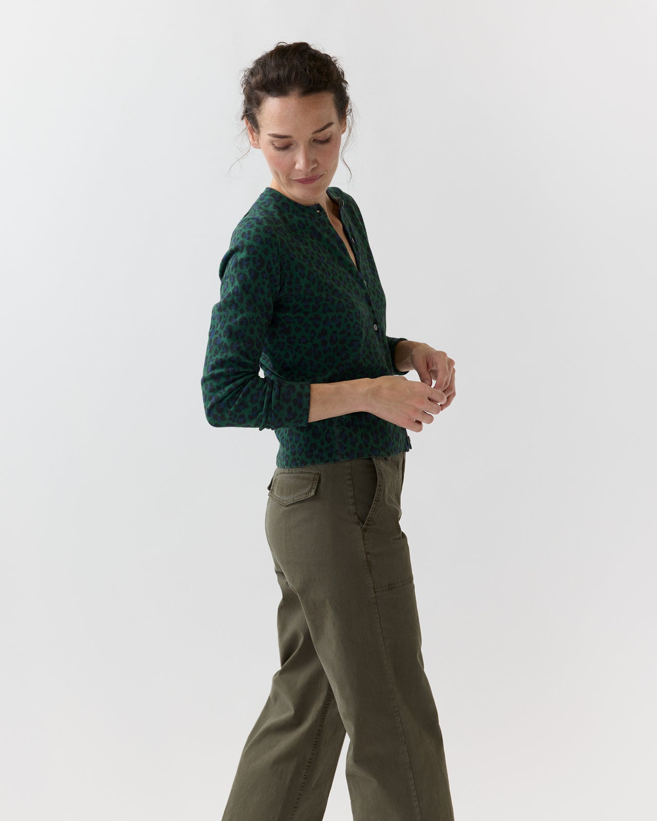 Rosie Cardigan in Green/Blue Leopard Cotton/Silk