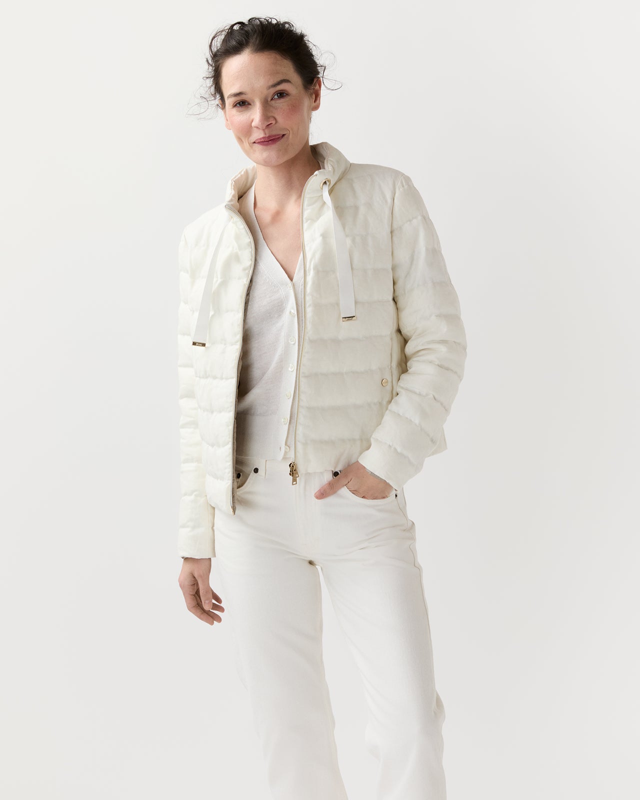 Linen Quilted Short Jacket in White