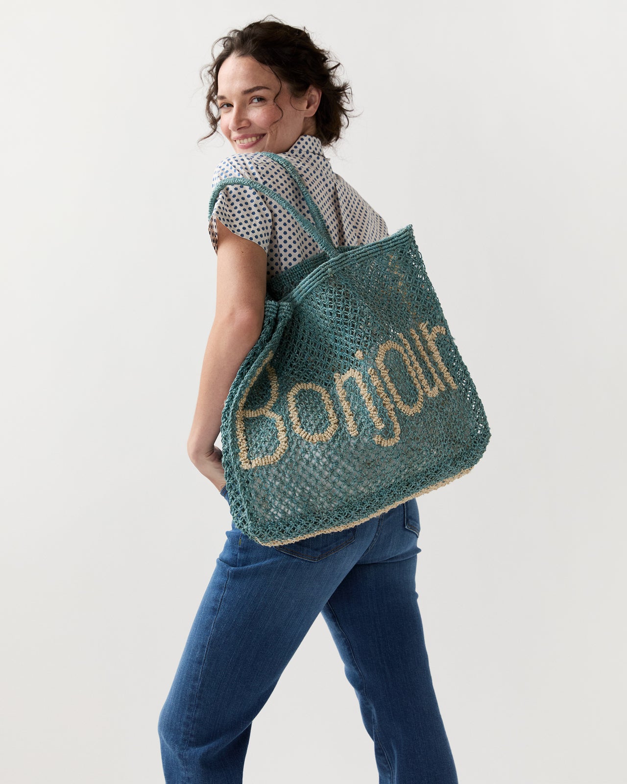 Large Bonjour Tote in Sky/Natural