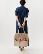 Load image into Gallery viewer, Large Merci Tote in Natural/Raspberry
