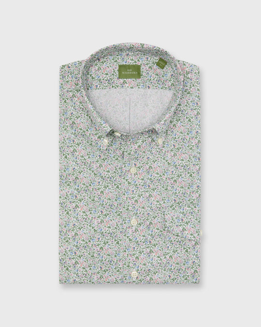 Short-Sleeved Button-Down Sport Shirt in Pink/Lavender/Multi Agnes Meadow Liberty Fabric
