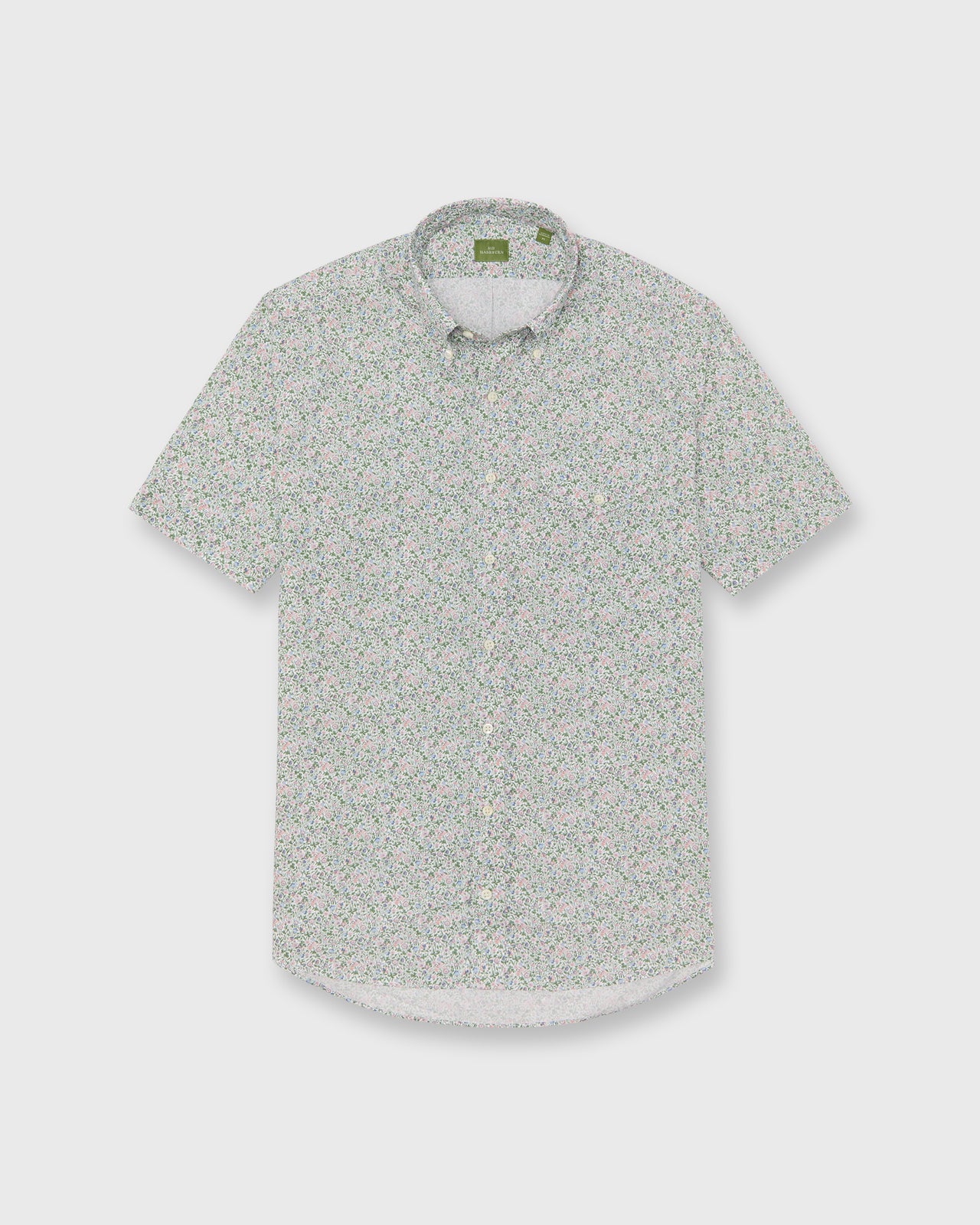 Short-Sleeved Button-Down Sport Shirt in Pink/Lavender/Multi Agnes Meadow Liberty Fabric