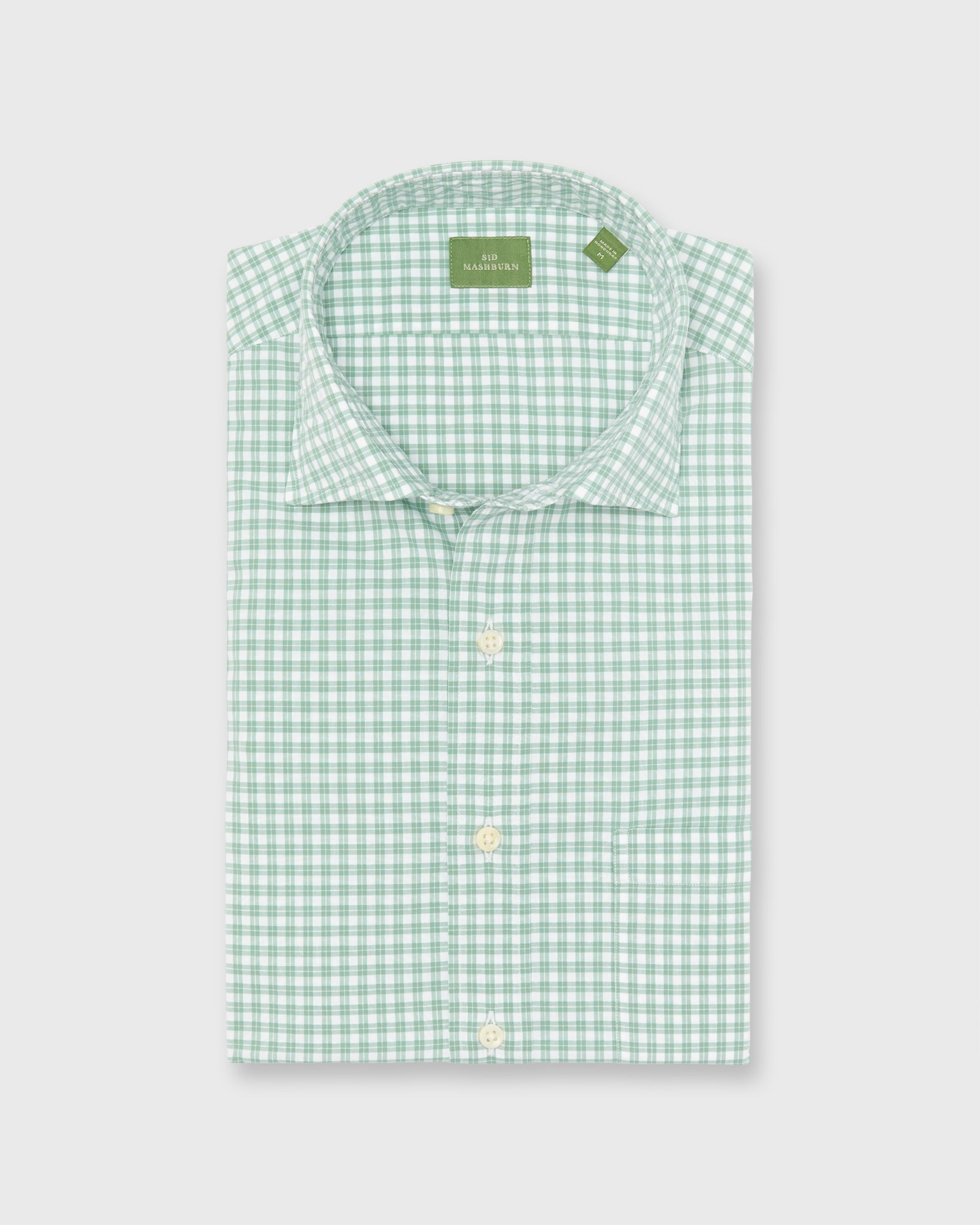 Spread Collar Sport Shirt in White/Sage Check Poplin | Shop Sid
