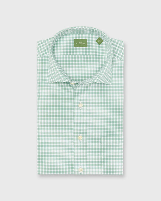 Spread Collar Sport Shirt in White/Sage Check Poplin