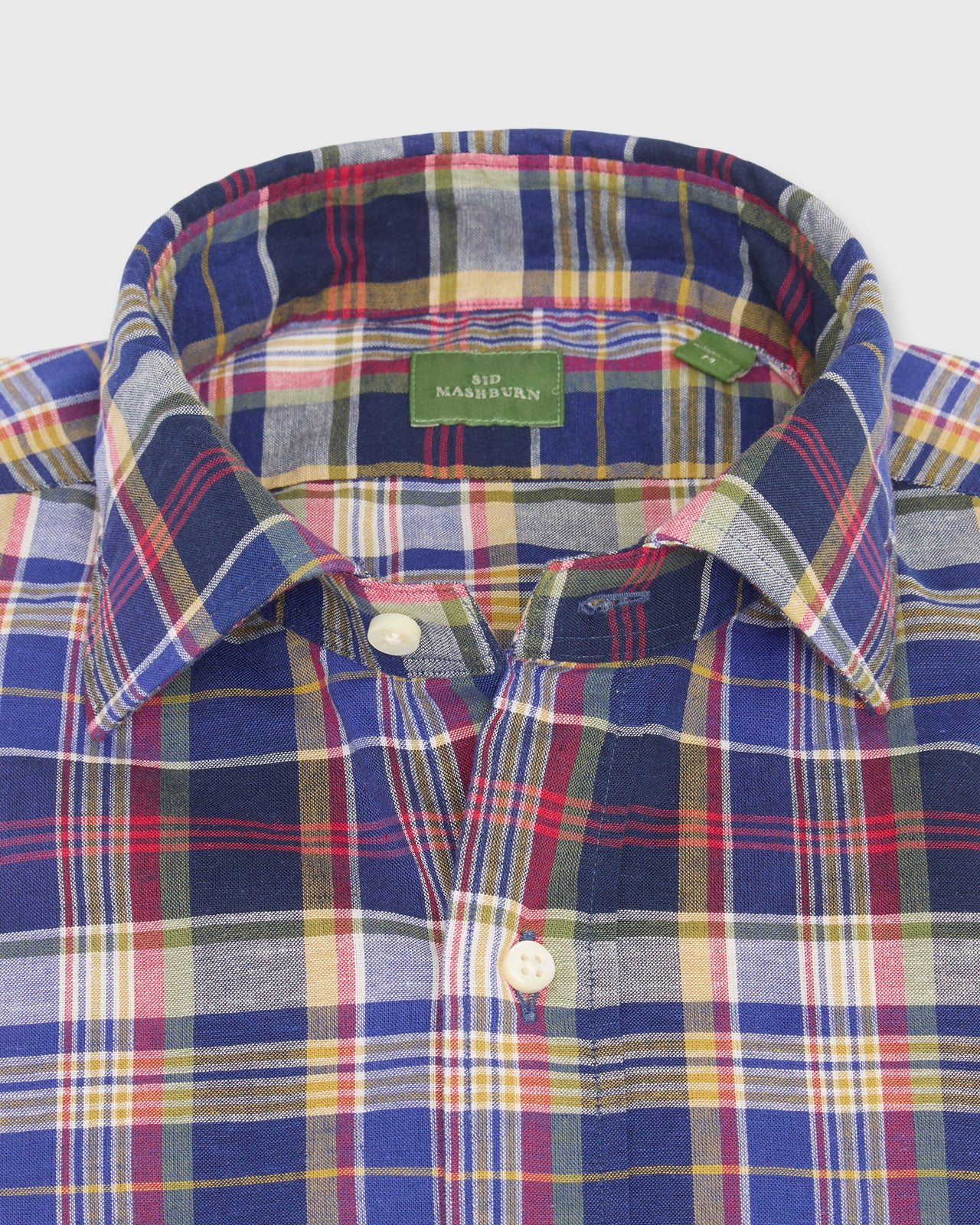 Spread Collar Sport Shirt in Blue/Red/Olive Plaid Chambray