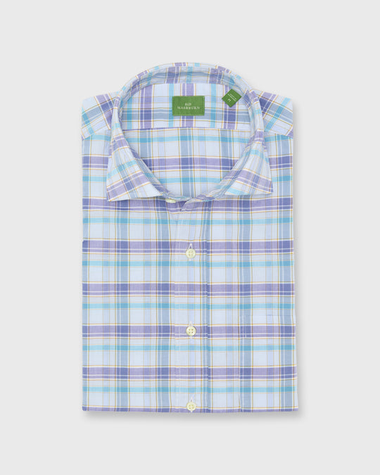 Spread Collar Sport Shirt in Blue Multi/Gold Plaid Poplin