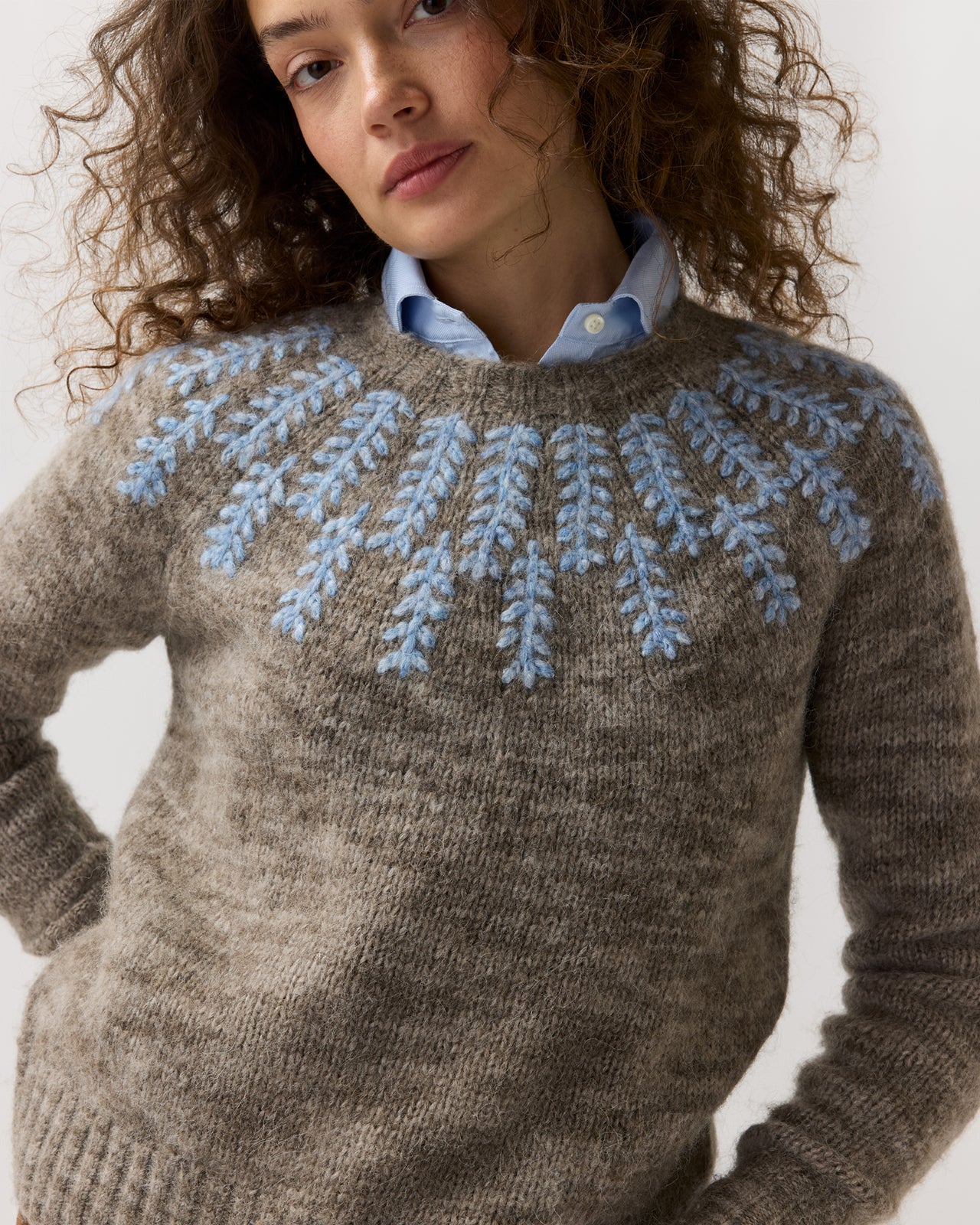Corinna Sweater in Pewter/Blue Embroidered Wool/Alpaca