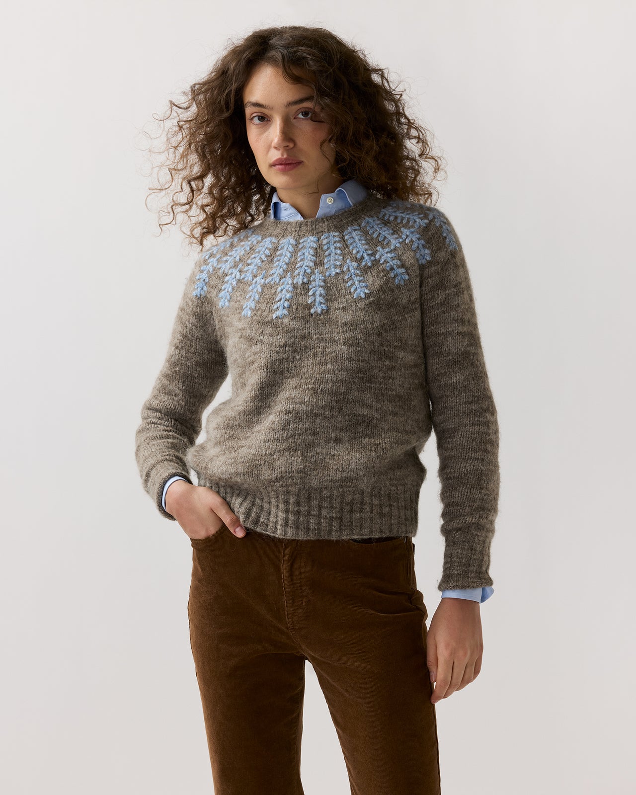 Corinna Sweater in Pewter/Blue Embroidered Wool/Alpaca