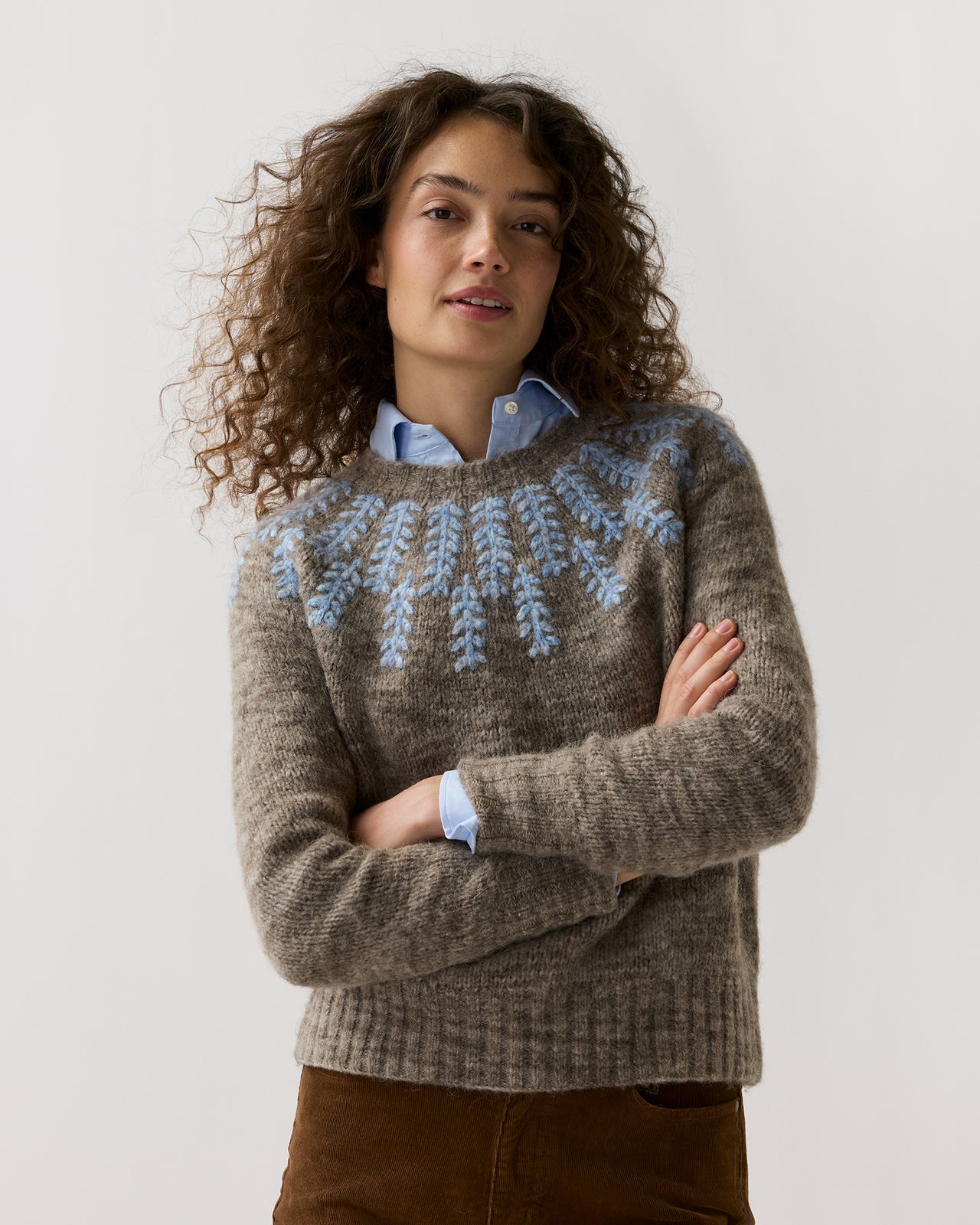 Corinna Sweater in Pewter/Blue Embroidered Wool/Alpaca